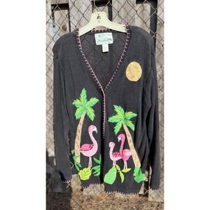 Vintage Quacker Factory Flamingo Cardigan Sweater Palm Tree Tropical M
